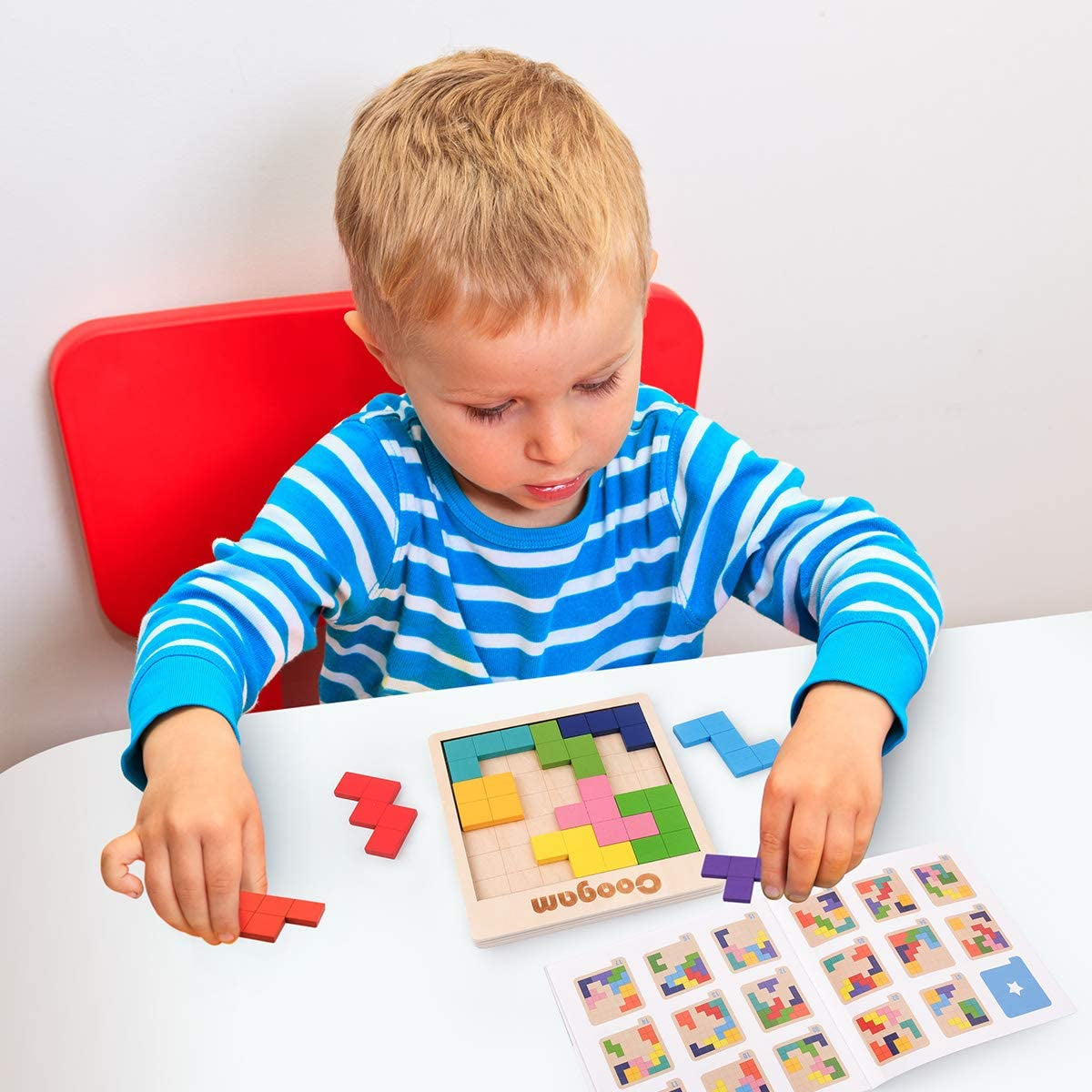 Wooden Puzzle Pattern Blocks Brain Teasers Game with 60 Challenges, 3D Russian Building Toy Wood Tangram Shape Jigsaw Puzzles Montessori STEM Educational Toys Gift for Kids Adults