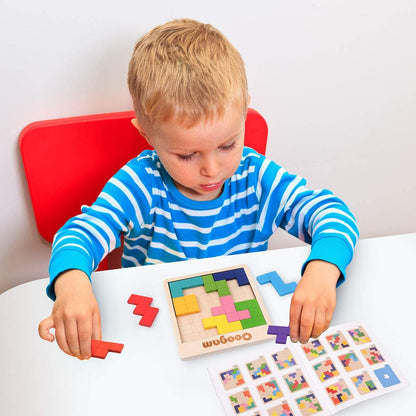 Wooden Puzzle Pattern Blocks Brain Teasers Game with 60 Challenges, 3D Russian Building Toy Wood Tangram Shape Jigsaw Puzzles Montessori STEM Educational Toys Gift for Kids Adults