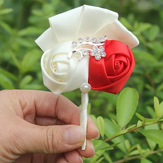 Handmade 8piece/lot Colorful Silk Rose Wedding Corsages Boutonniere Groom Diamond Wedding Flowers Boutonniere Brooch Flower