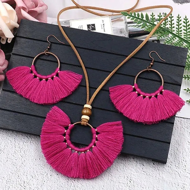Retro Bohemia Tassel Fan-Shaped Necklace Earrings Set Tassel Jewelry Set Ethnic Big Necklace Beach Wear