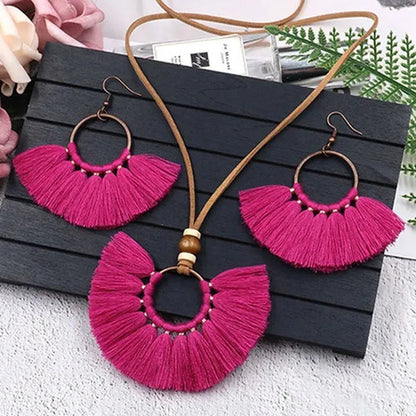 Retro Bohemia Tassel Fan-Shaped Necklace Earrings Set Tassel Jewelry Set Ethnic Big Necklace Beach Wear