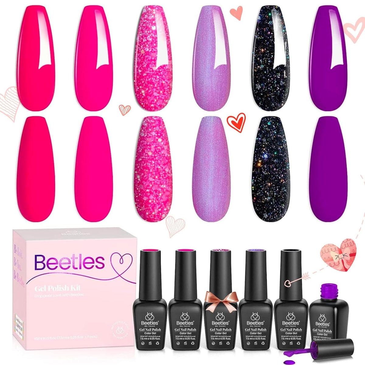 Beetles Gel Nail Polish Set, 6 Retro Colors Old School Collection Soak Off UV Gel Polish Red Yellow Blue Orange Green Gel Polish Nail Art Design Spring Manicure Kit Salon DIY Gifts for Women Girls
