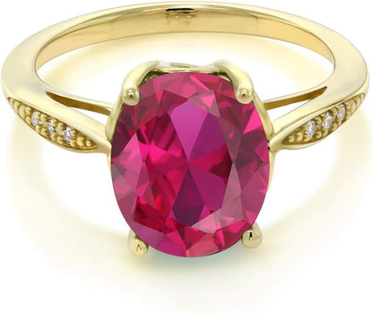 14K Yellow Gold 10X8MM Oval Gemstone Birthstone and White Diamond Engagement Ring | Wedding Anniversary Promise Gold Ring for Women | Size 5,6,7,8,9