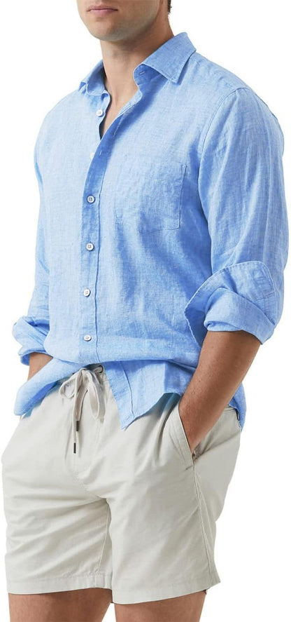 Mens Cotton Linen Casual Stylish Button down Shirt Long Sleeve Dress Shirts