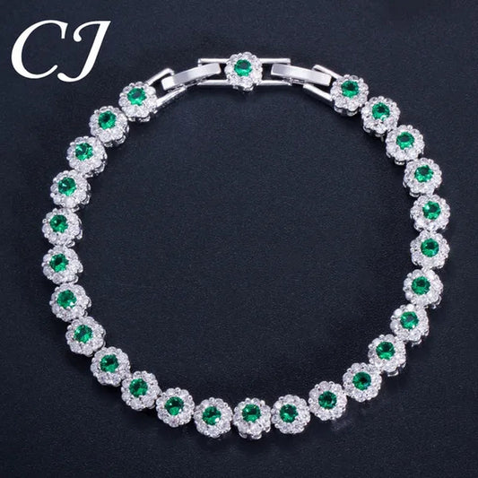CANDICE 2023 New Sterling Silver Party Jewelry With Green Crystal Stone and CZ Zirconia Women Flower Charm Bracelets Bangles