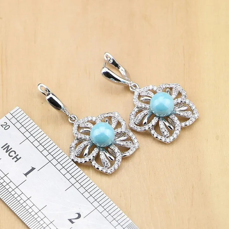 Flower 925 Silver Jewelry Set Blue Pearl With Beads Pendant Drop Earrings Rings Necklace  For Women