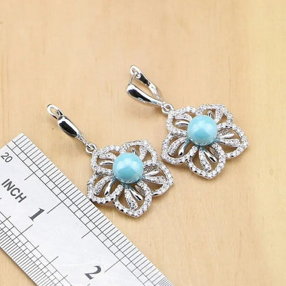 Flower 925 Silver Jewelry Set Blue Pearl With Beads Pendant Drop Earrings Rings Necklace  For Women