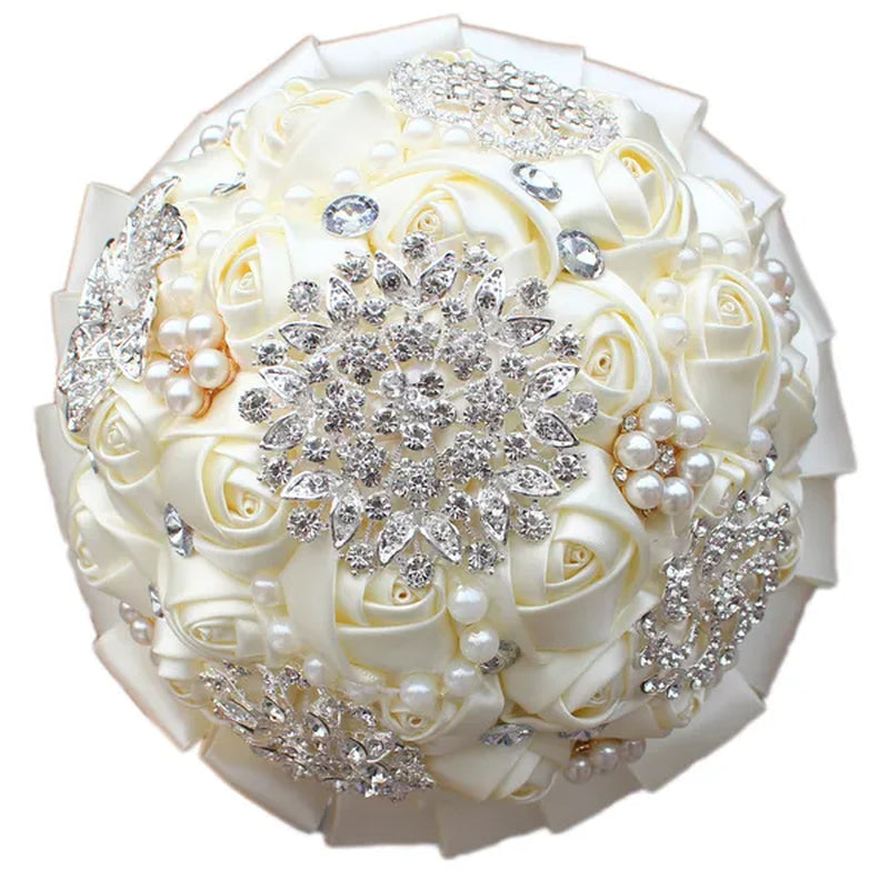 20CM Mixed Color Silk Ribbon Rose Wedding Flower Bouquet Luxury Pearl Crystal Brooch Bridal Bouquet Handmade Creative Bridesmaid Holding Flowers