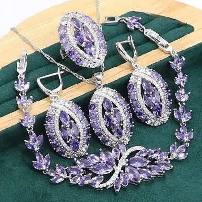 Luxurious Purple Amethyst 925 Sterling Silver Jewelry Set For Women Bracelet Earrings Necklace Pendant Ring Birthday Gift