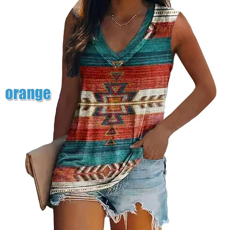 Ethnic Style Multi-pattern Print Sleeveless T-shirt Women's Vest V-neck Casual Loose Shirts Blouse Tank Top Camisoles