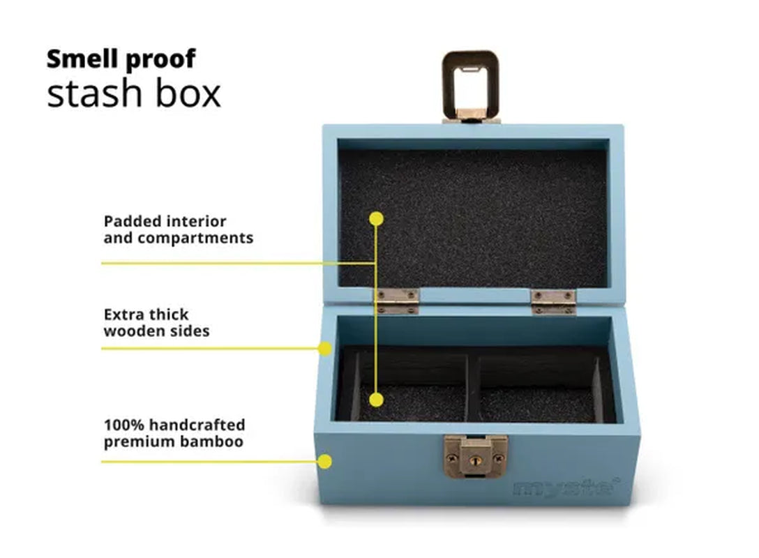 MYSTE BLUE MANDALA Stash Box Smell Proof Set, Grinder Large 2.5'' (63mm), Premium Combo Stashbox Kit, Wooden With Accessories