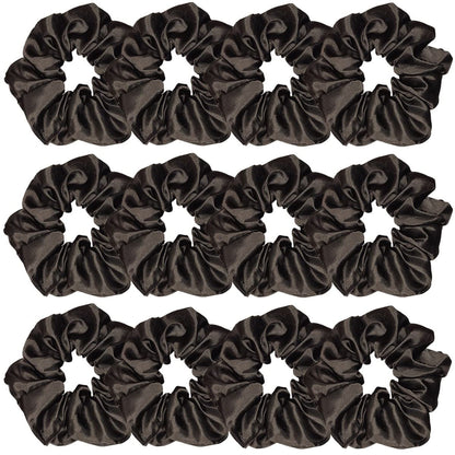 12 Pcs Satin Silk Scrunchies - Soft Hair Ties, Fashion Bands, Bows, Ropes, Elastic Bracelets, Ponytail Holders Hair Accessories for Women and Girls (4.5 Inch, Black)