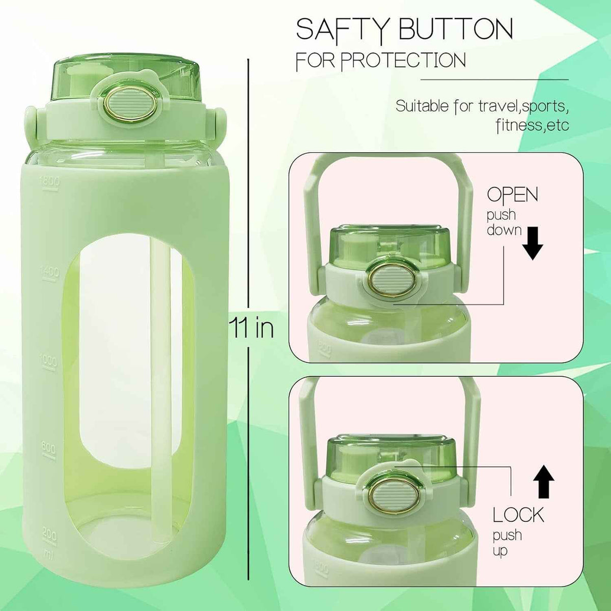 64Oz Glass Water Bottle with Straw, Reusable Half Gallon Aesthetic Water Bottles with Time Marker Large Sports Water Bottles with Silicone Sleeve and Handle for Gym Workout (Green)