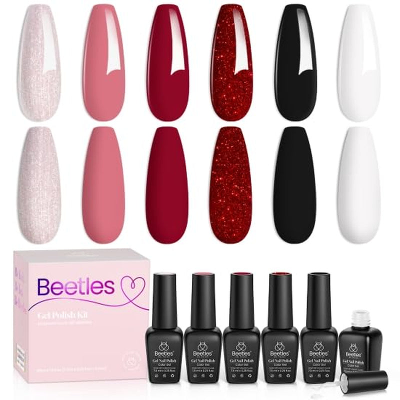 Beetles Gel Nail Polish Set, 6 Retro Colors Old School Collection Soak Off UV Gel Polish Red Yellow Blue Orange Green Gel Polish Nail Art Design Spring Manicure Kit Salon DIY Gifts for Women Girls