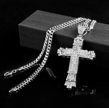 Diamond Miami Cuban Link 24K Gold / 925 Silver Plated Cross Pendant Stainless Steel Hip Hop Necklace