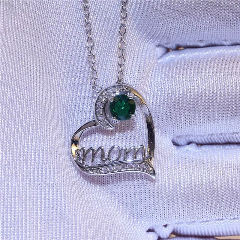 Love Mum Silver Plated Ruby MOM Character Emerald Necklace Jewelry Family Birthday Best Gift for Mother Mummy Party Wedding Band Necklace Christmas Gift