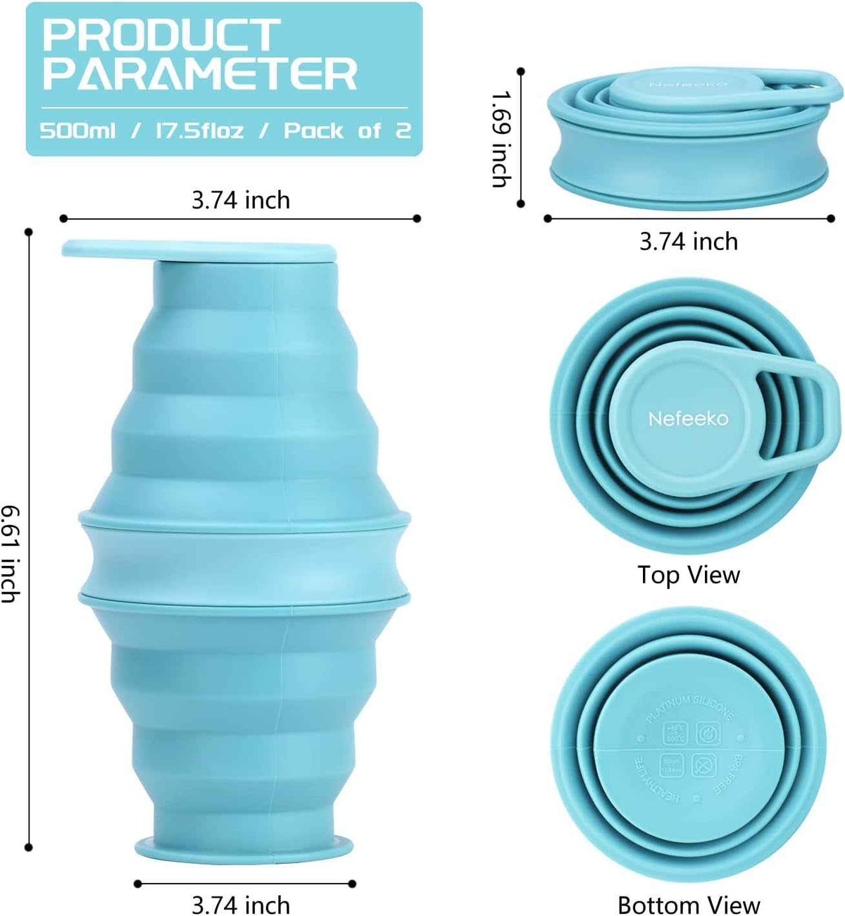 Collapsible Water Bottle,17Oz(500Ml) Reuseable BPA Free Silicone Foldable Water Bottles for Travel Gym Camping Hiking, Portable Leak Proof Sports Water Bottle with Carabiner
