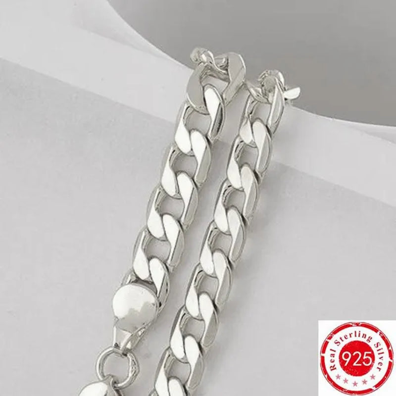 925 Sterling Silver Jewelry Set Flat Sideways Necklace Bracelet Chain for Men and Women-Fashion Wedding Engagement Jewelry-Genuine Sterling Silver