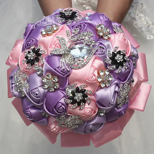 18CM Mixed Color Simulation Silk Flower Wedding Bouquet Romantic Purple Pink Bride Holding Flowers Crystal Diamond Brooch Wedding Bridesmaid Flower