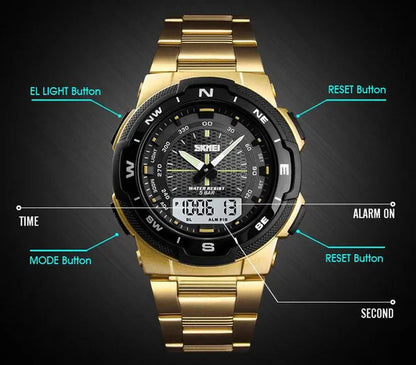 Fashion SKMEI 1370 Men's Digital Watch Outdoor Sports Waterproof Male Business Watches Golden Stainless Steel Wristwatch