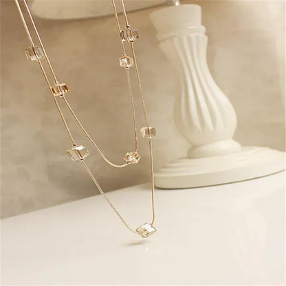 Women's Square Long Chain Sweater Necklace Fashion Double Long Tassel Necklace
