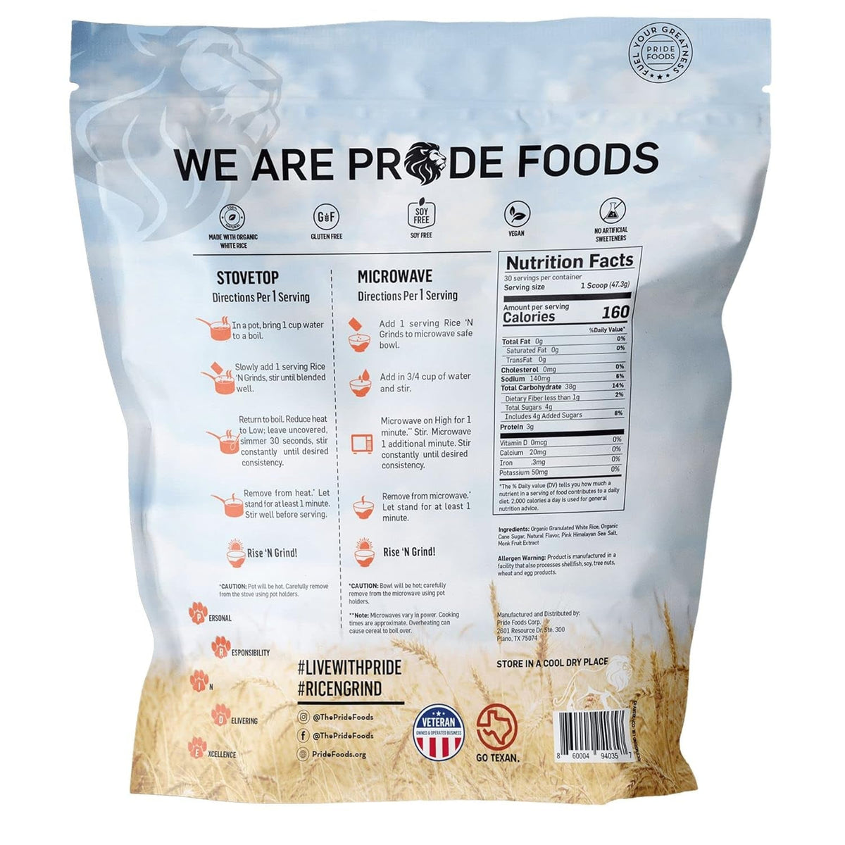Pride Foods Rice 'N Grinds Hot Cereal - Gluten-Free, Non-Gmo, Vegan-Friendly, Natural Rice Breakfast, Quick & Easy Hot Meal, Low-Fat Comfort Food, 30 Servings, Coconut Cream Pie