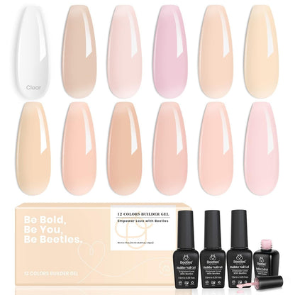 Beetles Builder Nail Gel 12 Pcs, 8-in-1 Pink Pastel Nude Gel Builder for Nails Beige White Colors Hard Gel Builder Extension Gel Nail Strengthener Nail Art Design Spring Gifts for Girls and Women