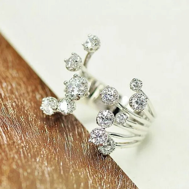 Gorgeous  Silver Crown Natural Gemstones White Sapphire Birthstone Bride Wedding Engagement Multilayer Rose Flower Ring Size 6 7 8 9 10