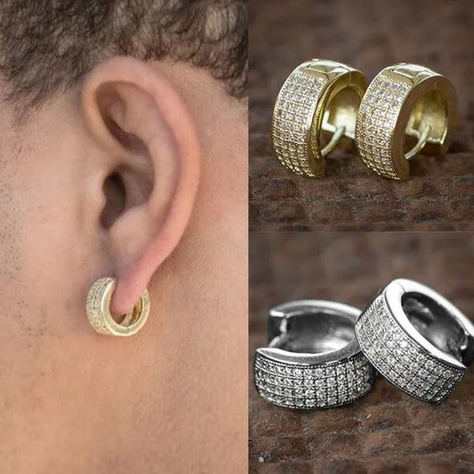 1 Pair Punk Men Women 925 Silver Small Hoop Earrings with Crystal Diamond Gold Color Round Huggie Stud Earrings Jewelry