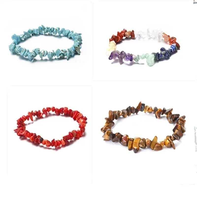 Natural Crystal Chakras Bracelet Natural Gemstone Chips Jewelry Bracelet Amethyst Red Agate Carnelian White Crystal Turquoise Citrine Bracelet (Adjustable Size)