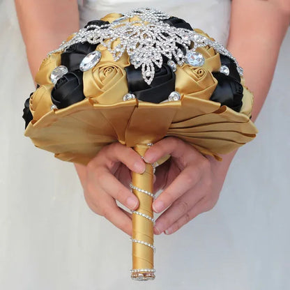 21CM Luxury Crystal Brooch Bridesmaid Bridal Bouquet Shiny Rhinestone Tassel Wedding Flower Bouquet Ribbon Silk Rose Artificial Flower Wedding Supplies