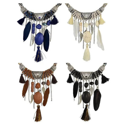 Bohemian Fashion Silver Plated Leather Chain Resin Beads Natrual Stone Feather Tassel Necklace Jewelry