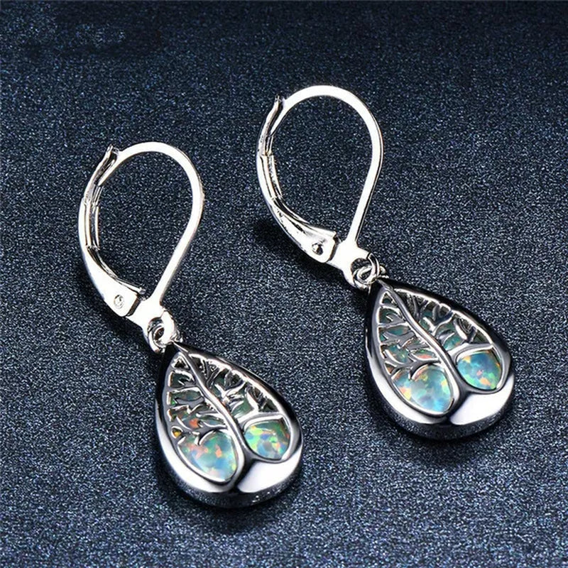 Luxurious Fashion 925 Sterling Silver Filled Life Tree Drop Earrings for Women Water Drop Stone Blue Fire Opal Birthstone Earrings