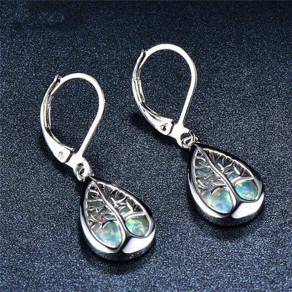 Luxurious Fashion 925 Sterling Silver Filled Life Tree Drop Earrings for Women Water Drop Stone Blue Fire Opal Birthstone Earrings