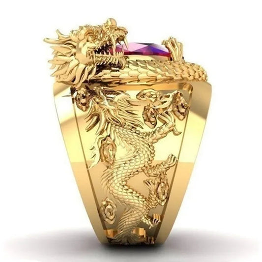 Latest Luxury Jewelry Design Domineering 3D Dragon Gold Ring for Men Luxury Hip Hop Punk Style Ruby Gemstone Jewelry Anniversary Birthday Gift Wedding Engagement Banquet Party Ring Size 7-13