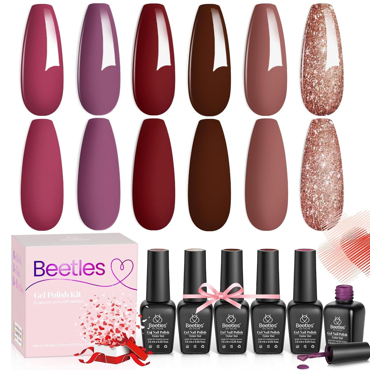 Beetles Gel Nail Polish Set, 6 Retro Colors Old School Collection Soak Off UV Gel Polish Red Yellow Blue Orange Green Gel Polish Nail Art Design Spring Manicure Kit Salon DIY Gifts for Women Girls