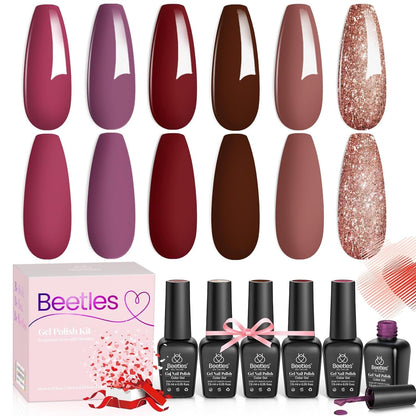 Beetles Gel Nail Polish Set, 6 Retro Colors Old School Collection Soak Off UV Gel Polish Red Yellow Blue Orange Green Gel Polish Nail Art Design Spring Manicure Kit Salon DIY Gifts for Women Girls