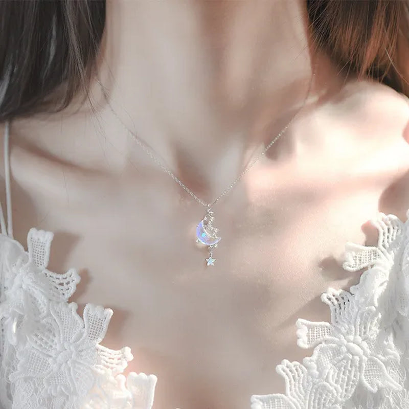 Exquisite Starry Sky Moon Moonstone Necklace Elegant Ladies Birthstone Pendant Necklace Birthday Party Girl Gift