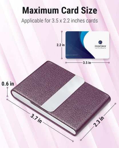 Business Card Holder, PU Leather & Stainless Steel Business Card Case for Men or Women, Slim Name Cards Holder RFID Blocking Credit Cards Carrier with Magnetic Closure, Purple