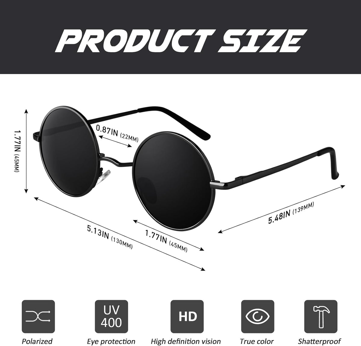 Retro round Polarized Sunglasses Mens Womens Circle Metal Hippie Shades UV400 Protection E01