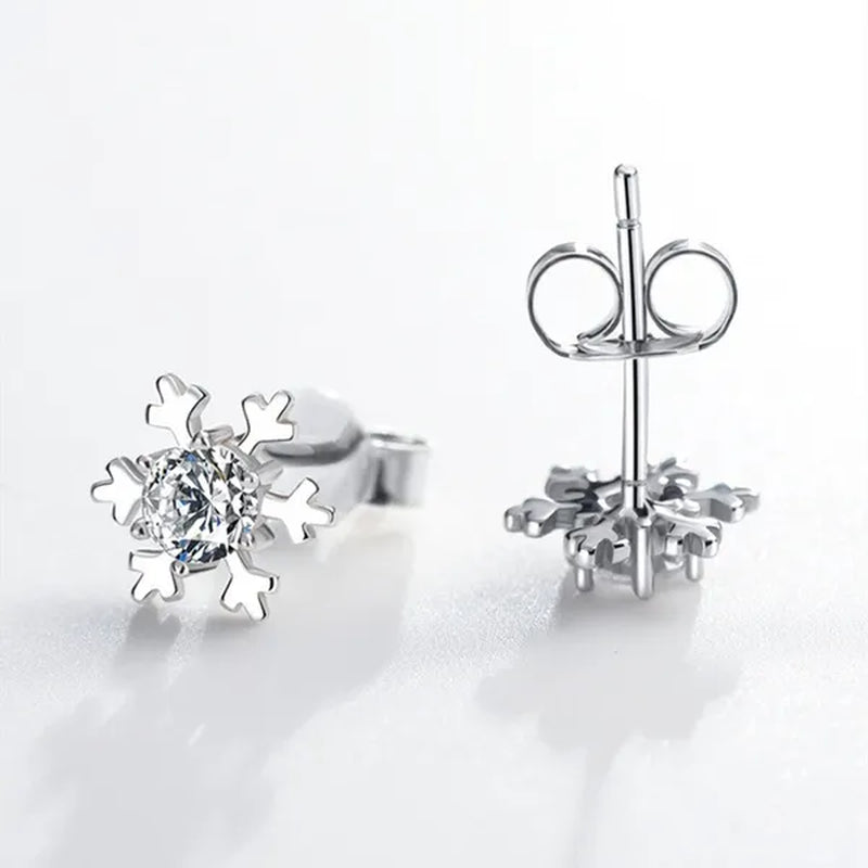 Romantic Snowflake Earrings 14K White Gold 7mm Diamond Embellishment Flower Ear Studs Christmas Decor Gifts