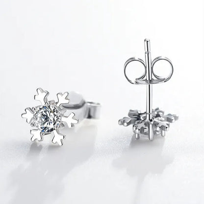 Romantic Snowflake Earrings 14K White Gold 7mm Diamond Embellishment Flower Ear Studs Christmas Decor Gifts