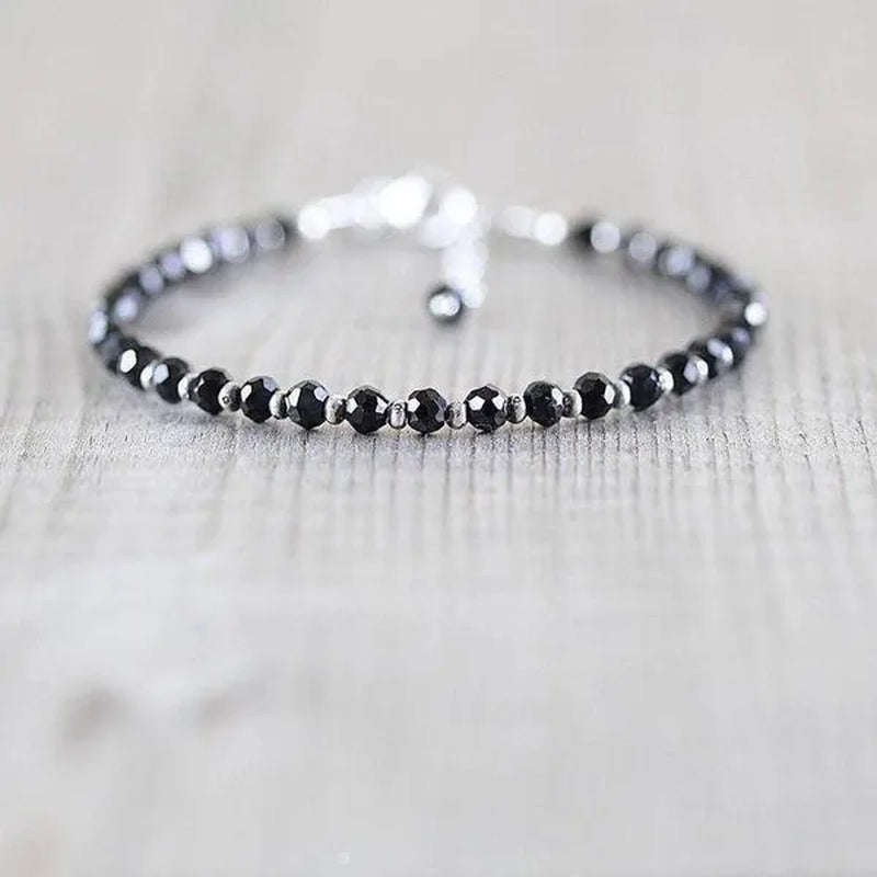 Black Spinel, Sterling & Karen Hill Tribe Silver Bracelet Boho Beaded Gemstone Bracelet Dainty Stacking Bracelet