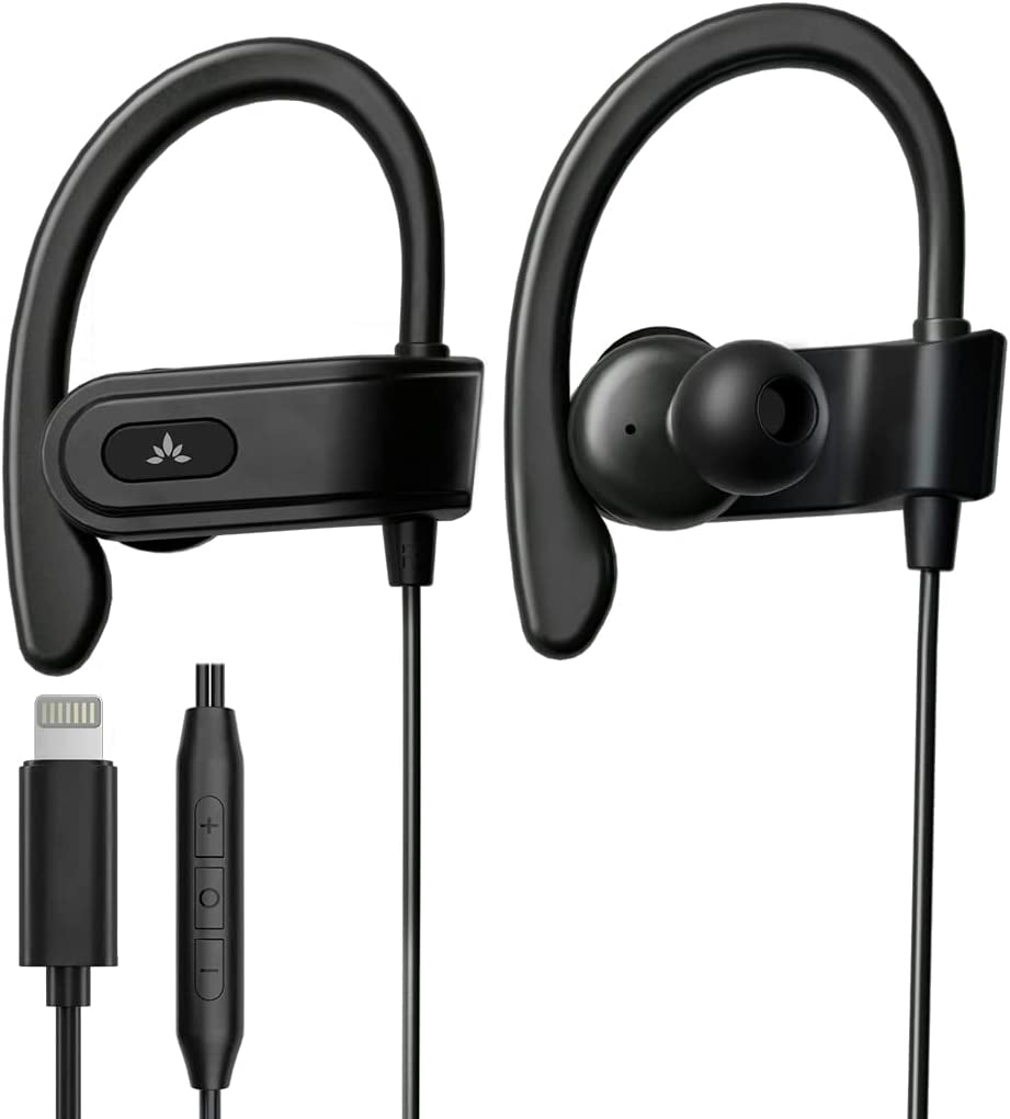 L171 - Lightning Wired Earbuds with Microphone & In-Line Volume Control, Compatible with Older Iphone 11, 12, 13, 14 Models, Mfi Certified Headphones with Ear Hook for Running & Sports