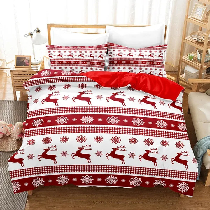 3Pcs/Set Christmas Duvet Cover Pillowcase Set,Christmas Holiday Decorative Comforter Cover Set Red with Christmas Reindeer and Snowflake Patterns Pillowcase (Quilt, pillow heart not included)