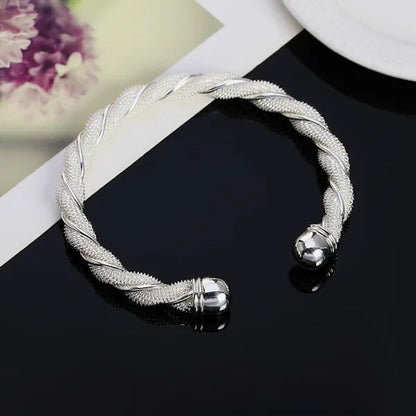 Fashion 925 Sterling Silver Cable Wire Twisted Cuff Bangle Bracelets Set for Women