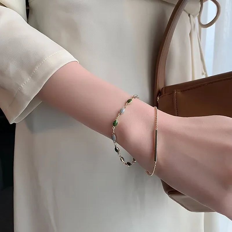 Blue Green Color Crystal Charm Bracelets for Women Gold Color Beaded Chain Double Layered Adjustable Bracelet Accessories