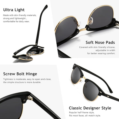 Polarized Sunglasses for Men and Women, Classic Half-Frame Retro Shades for Driving, Travel, and Outdoor Activities