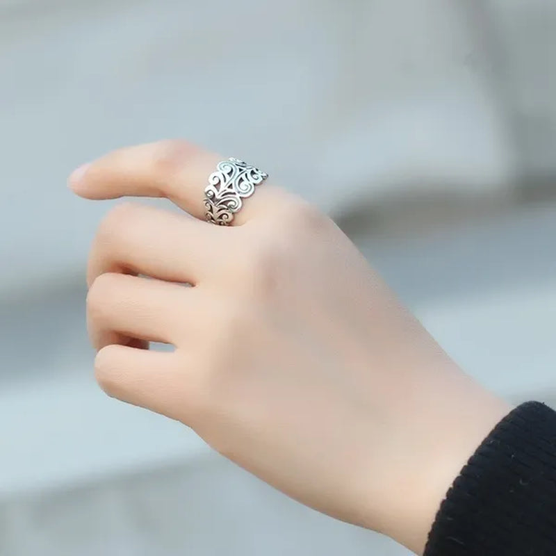 Women Antiquated Hollowout 925 Sterling Silver Colors Fern Style Rings Jewelry