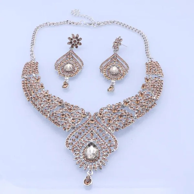 Luxury Women's Elegant Austrian Crystal Statement Necklace Earrings Bridal Party Jewelry Set For Wedding Dress